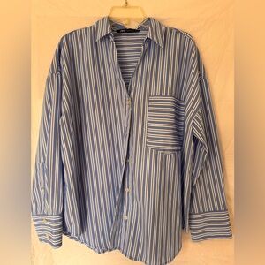 Zara Women’s Oversized Button Down Shirt Blue Stripe